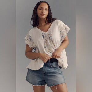 Anthropologie Smocked Swing Tee. Ivory & Blue.